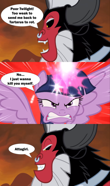 Size: 2000x3373 | Tagged: safe, derpibooru import, edit, edited screencap, screencap, lord tirek, twilight sparkle, twilight sparkle (alicorn), alicorn, centaur, pony, taur, angry, antagonist, beard, black sclera, comic, evil grin, facial hair, female, glow, glowing horn, green goblin, grin, gritted teeth, horn, horns, image, magic, male, mare, marvel, nose piercing, nose ring, open mouth, piercing, png, reference, screencap comic, smiling, speech bubble, spider-man, spider-man: no way home, spoilers for another series, spread wings, teeth, twilight vs tirek, wings