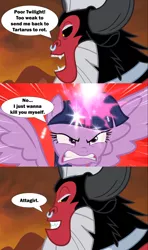Size: 2000x3373 | Tagged: safe, derpibooru import, edit, edited screencap, screencap, lord tirek, twilight sparkle, twilight sparkle (alicorn), alicorn, centaur, pony, taur, angry, antagonist, beard, black sclera, comic, evil grin, facial hair, female, glow, glowing horn, green goblin, grin, gritted teeth, horn, horns, image, magic, male, mare, marvel, nose piercing, nose ring, open mouth, piercing, png, reference, screencap comic, smiling, speech bubble, spider-man, spider-man: no way home, spoilers for another series, spread wings, teeth, twilight vs tirek, wings
