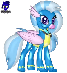 Size: 3840x4154 | Tagged: safe, alternate version, artist:damlanil, derpibooru import, silverstream, classical hippogriff, hippogriff, pony, bodysuit, clothes, costume, cute, female, goggles, happy, image, latex, latex suit, looking at you, mare, png, rubber, shine, shiny, show accurate, simple background, solo, suit, transparent background, uniform, vector, wings, wonderbolts, wonderbolts uniform