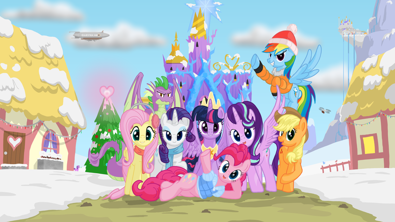 Size: 3840x2160 | Tagged: safe, artist:scifidino66, derpibooru import, applejack, fluttershy, pinkie pie, rainbow dash, rarity, spike, twilight sparkle, twilight sparkle (alicorn), alicorn, dragon, earth pony, pegasus, pony, unicorn, airship, clothes, female, hat, hearth's warming, image, male, mane six, older, older spike, png, ponyville, scarf, twilight's castle