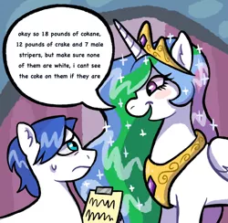 Size: 622x606 | Tagged: safe, artist:phobohobo, derpibooru import, princess celestia, alicorn, blushing, clipboard, cocaine, confused, drugs, image, jewelry, looking at each other, looking at someone, master chief and luna hanging out, meme, png, regalia, smiling, sparkles, worried