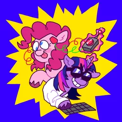 Size: 640x640 | Tagged: safe, artist:phobohobo, derpibooru import, pinkie pie, twilight sparkle, earth pony, pony, unicorn, clothes, derp, device, female, goggles, image, keyboard, lab coat, magic, png, science, wires