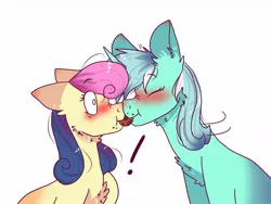 Size: 1600x1200 | Tagged: safe, artist:valkiria, derpibooru import, bon bon, lyra heartstrings, sweetie drops, earth pony, pony, unicorn, blushing, boop, cookie, duo, exclamation point, eyes closed, female, flustered, food, image, jpeg, lesbian, lyrabon, mare, mouth hold, noseboop, shipping, simple background, white background