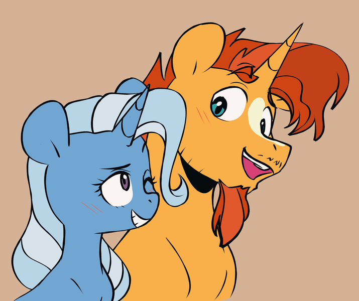 Size: 3376x2832 | Tagged: safe, artist:chub-wub, derpibooru import, sunburst, trixie, pony, unicorn, beard, duo, facial hair, female, goatee, grin, image, jpeg, looking at each other, looking at someone, male, mare, markings, one eye closed, shipping, smiling, stallion, straight, trixburst, wink