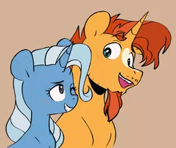 Size: 3376x2832 | Tagged: safe, artist:chub-wub, derpibooru import, sunburst, trixie, pony, unicorn, beard, duo, facial hair, female, goatee, grin, image, jpeg, looking at each other, looking at someone, male, mare, markings, one eye closed, shipping, smiling, stallion, straight, trixburst, wink