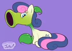 Size: 1114x792 | Tagged: safe, artist:pinksundae, derpibooru import, bon bon, sweetie drops, earth pony, pony, female, image, mare, peashooter, plant tf, plants vs zombies, png, purple background, signature, simple background, solo, transformation