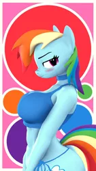 Size: 1152x2048 | Tagged: suggestive, alternate version, artist:lazy_work_horse, derpibooru import, rainbow dash, anthro, 3d, blushing, bra, breasts, busty rainbow dash, choker, clothes, female, image, jpeg, lingerie, looking away, nose wrinkle, panties, pink background, polka dot background, simple background, solo, solo female, source filmmaker, unamused, underwear