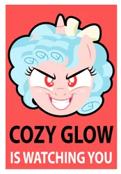 Size: 1969x2824 | Tagged: safe, artist:aleximusprime, derpibooru import, cozy glow, alicorn, pony, 1984, alicornified, evil grin, grin, image, png, race swap, red background, simple background, smiling