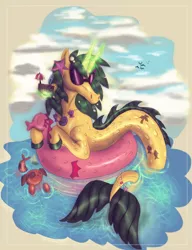 Size: 1280x1663 | Tagged: safe, artist:surreal-adventures16, derpibooru import, oc, unofficial characters only, bird, pony, seapony (g4), starfish, unicorn, cloud, cup, dorsal fin, fins, fish tail, float, glasses, glow, glowing horn, horn, image, jewelry, magic, necklace, png, seaponified, seashell necklace, sky, solo, species swap, tail, water