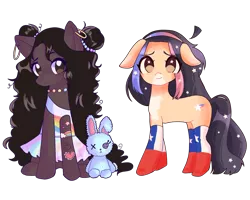 Size: 4096x3282 | Tagged: safe, artist:panimeko, derpibooru import, oc, oc:isla sun, oc:violetta, unofficial characters only, earth pony, pony, rabbit, derpibooru community collaboration, 2022 community collab, animal, chile, clothes, dress, duo, ear piercing, earring, female, flag, image, jewelry, mare, markings, multicolored hair, necklace, piercing, plushie, png, ponified oc, simple background, sitting, socks, stockings, tattoo, thigh highs, toy, transparent background