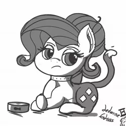 Size: 2048x2048 | Tagged: safe, artist:ledwine glass, derpibooru import, rarity, cat, hybrid, pony, unicorn, bedroom eyes, bow, bowl, collar, crossed legs, doodle, hair bun, image, jpeg, meh, missing horn, monochrome, sketch, solo, tail