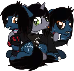 Size: 1270x1220 | Tagged: safe, artist:lightningbolt, derpibooru import, oc, ponified, ponified:kellin quinn, ponified:oliver sykes, earth pony, pony, undead, unicorn, zombie, zombie pony, .svg available, angry, bags under eyes, bone, bring me the horizon, clothes, derpibooru exclusive, disguise, disguised siren, drop dead clothing, equestria girls ponified, fangs, floppy ears, gay, happy, hoodie, horn, hug, image, jewelry, lidded eyes, lip bite, lip piercing, long sleeves, looking at each other, looking at someone, male, necklace, nervous, piercing, png, raised hoof, scar, self paradox, self ponidox, shipping, shirt, simple background, sitting, sleeping with sirens, slit pupils, stallion, stitches, tattoo, tongue out, transparent background, trio male, underhoof, undershirt, vector