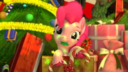 Size: 3840x2160 | Tagged: safe, artist:silkworm205, derpibooru import, pinkie pie, earth pony, pony, art pack:winter wonderland 2021, 3d, box, christmas, cookie, cute, diapinkes, ear fluff, eating, female, food, holiday, image, looking at you, png, present, revamped ponies, solo, solo female, source filmmaker, unshorn fetlocks, wrapped myself up for christmas