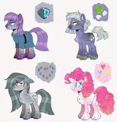 Size: 1280x1333 | Tagged: safe, artist:wanderingpegasus, derpibooru import, limestone pie, marble pie, pinkie pie, earth pony, pony, alternate hairstyle, belt, chest fluff, clothes, dress, female, image, jpeg, leg fluff, mare, markings, pie sisters, pie twins, redesign, siblings, simple background, sisters, twins, unshorn fetlocks, white background