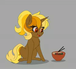 Size: 4096x3726 | Tagged: safe, artist:rand-dums, derpibooru import, oc, unofficial characters only, pony, unicorn, chopsticks, female, food, gray background, horn, image, jpeg, open mouth, simple background, solo, unicorn oc