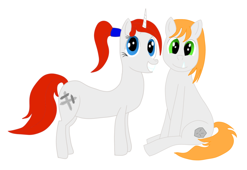 Size: 2179x1500 | Tagged: safe, artist:ragmo, derpibooru import, oc, oc:caveman pony, oc:swift sword, unofficial characters only, earth pony, unicorn, derpibooru community collaboration, 2022 community collab, horn, image, png, simple background, sitting, transparent background