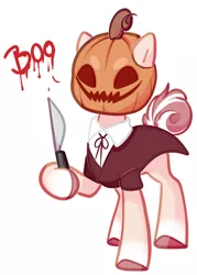 Size: 1262x1761 | Tagged: safe, artist:damayantiarts, derpibooru import, oc, unofficial characters only, earth pony, pony, 2021, ear piercing, earring, female, halloween, holiday, hoof hold, image, jack-o-lantern, jewelry, knife, mare, mask, piercing, png, pumpkin, simple background, solo, white background