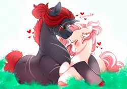 Size: 2048x1447 | Tagged: safe, artist:damayantiarts, derpibooru import, oc, unofficial characters only, earth pony, pony, unicorn, broken horn, ear piercing, earring, grass, heart, horn, image, jewelry, jpeg, oc x oc, piercing, shipping, simple background, snuggling, unicorn oc, white background