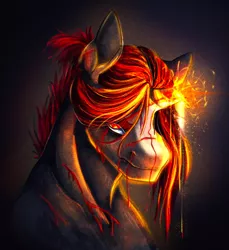 Size: 1798x1964 | Tagged: safe, artist:damayantiarts, derpibooru import, oc, unofficial characters only, pony, unicorn, angry, blood, broken horn, bust, horn, image, jpeg, male, solo, sparking horn, stallion