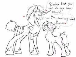 Size: 2048x1535 | Tagged: safe, artist:damayantiarts, derpibooru import, oc, earth pony, pony, unicorn, armor, chest fluff, dialogue, earth pony oc, female, guard, helmet, horn, image, jpeg, lineart, male, mare, oc x oc, shipping, simple background, smiling, stallion, unicorn oc, white background