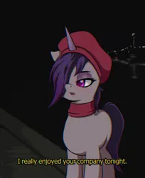 Size: 1200x1470 | Tagged: safe, artist:nathayro37, derpibooru import, onyx, pony, unicorn, my little pony: a new generation, beanie, clothes, g5, hair over one eye, hat, image, open mouth, png, scarf, subtitles