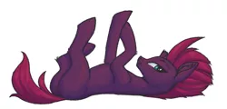 Size: 690x330 | Tagged: safe, artist:shydale, derpibooru import, tempest shadow, pony, unicorn, blank flank, broken horn, cute, ear fluff, female, flockmod, horn, image, legs in air, looking at you, lying down, on back, png, simple background, smiling, solo, tempestbetes, white background