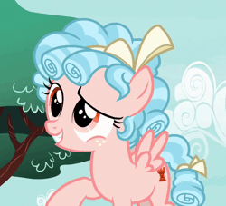 Size: 800x726 | Tagged: safe, derpibooru import, screencap, cozy glow, pegasus, pony, marks for effort, season 8, spoiler:s08, animated, bow, cozybetes, cropped, curly mane, cute, female, filly, foal, freckles, gif, image, puppy dog eyes, ribbon, small wings, solo, talking, tree, wings