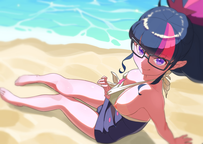 Size: 3508x2480 | Tagged: questionable, artist:dekasuji, derpibooru import, sci-twi, twilight sparkle, equestria girls, areola, barefoot, beach, clothes, exhibitionism, feet, female, glasses, image, jpeg, nipples, nudity, outdoors, sci-twi is a turboslut, sitting, smiling, solo, solo female, swimsuit