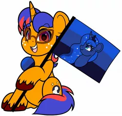 Size: 2048x1934 | Tagged: safe, artist:partylikeanartist, derpibooru import, princess luna, oc, oc:eden double-stars, pony, unicorn, badge, commission, flag, football, freckles, glasses, hooves, image, jpeg, looking at you, pin, solo, sports, unshorn fetlocks, ych result