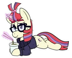 Size: 1068x858 | Tagged: safe, artist:scraggleman, derpibooru import, moondancer, pony, unicorn, chopsticks, clothes, food, glasses, image, instant noodles, lying down, magic, noodles, png, prone, ramen, simple background, solo, sweater, transparent background