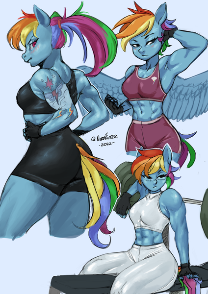Size: 1754x2480 | Tagged: safe, artist:nire, derpibooru import, rainbow dash, anthro, alternate hairstyle, armpits, back muscles, barbell, bench press, biceps, blushing, bra, breasts, butt, clothes, cutie mark, cutie mark on clothes, female, fingerless gloves, gloves, halter top, hamstrings, image, leggings, looking at you, midriff, muscles, muscular female, pants, png, ponytail, quadriceps, rainbuff dash, rainbutt dash, sexy, shorts, small breasts, solo, spats, sports bra, sports shorts, tattoo, tight clothing, underwear, weights, workout outfit, yoga pants