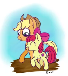 Size: 1280x1443 | Tagged: safe, artist:nwwe, derpibooru import, apple bloom, applejack, earth pony, pony, applejack's hat, bow, cowboy hat, eyes closed, female, filly, foal, happy, hat, image, mane bow, mare, png, siblings, sisters