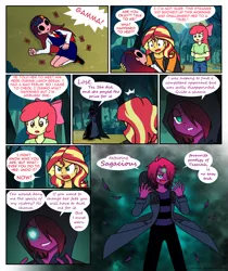 Size: 824x982 | Tagged: safe, artist:crydius, derpibooru import, apple bloom, sunset shimmer, oc, oc:eldritch, oc:gamma, comic:calamitous card game, equestria girls, comic, glow, glowing eyes, image, png, unconscious, yu-gi-oh!, yugioh card