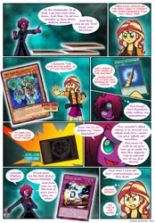 Size: 828x1190 | Tagged: safe, artist:crydius, derpibooru import, sunset shimmer, oc, oc:eldritch, comic:calamitous card game, comic, crossover, image, png, yu-gi-oh!, yugioh card