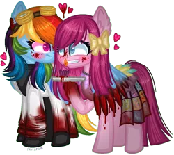 Size: 909x810 | Tagged: safe, artist:fantarianna, derpibooru import, pinkie pie, rainbow dash, earth pony, pegasus, pony, fanfic:cupcakes, fanfic:rainbow factory, blood, blushing, clothes, cupcake, cutie mark dress, ear fluff, eyelashes, fanfic art, female, food, goggles, grin, heart, image, lab coat, lesbian, mare, pinkamena diane pie, pinkiedash, png, shipping, simple background, smiling, transparent background, tray