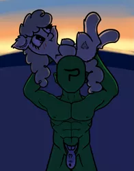 Size: 633x809 | Tagged: suggestive, artist:neuro, oc, oc:anon, oc:lichen, unofficial characters only, fish, human, pony, taiga pony, abs, blushing, female, holding a pony, image, mare, nudity, png, strategically covered, sunset