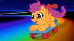 Size: 1366x768 | Tagged: artist needed, safe, derpibooru import, scootaloo, pegasus, pony, happy, image, open mouth, png, rainbow road, scooter, smiling, solo, spread wings, wings