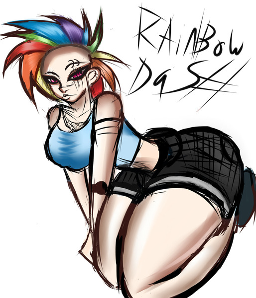 Size: 1280x1493 | Tagged: safe, artist:darknud, derpibooru import, rainbow dash, human, ass, breasts, butt, female, humanized, image, jpeg, kneeling, makeup, mohawk, simple background, solo, white background