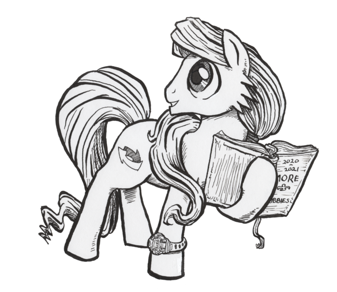 Size: 3000x2600 | Tagged: safe, artist:abronyaccount, derpibooru import, oc, oc:phrase turner, unofficial characters only, earth pony, pony, derpibooru community collaboration, 2022 community collab, black and white, book, derpibooru exclusive, earth pony oc, grayscale, hair tie, image, ink drawing, long mane, long mane male, long tail, male, monochrome, png, ponytail, sideburns, simple background, solo, stallion, standing, tail, traditional art, transparent background, watch