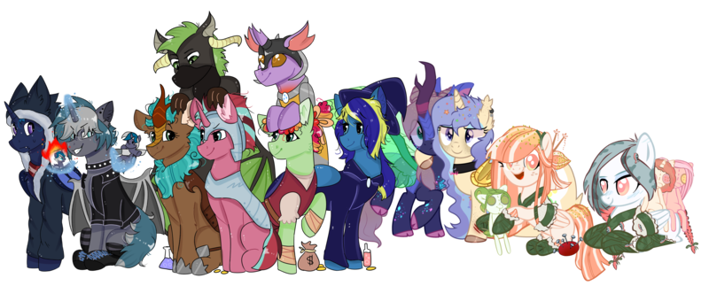 Size: 2880x1163 | Tagged: safe, artist:darktailsko, artist:idkhesoff, artist:rerorir, artist:valkiria, derpibooru import, oc, oc:cocoa berry, oc:elizabat stormfeather, oc:elizabrat meanfeather, oc:halcyon halfnote, oc:icey wicey, oc:larynx (changeling), oc:lobelya, oc:mish-mash, oc:popsicle dagger, oc:wild goosechase, unnamed oc, unofficial characters only, alicorn, bat pony, bat pony alicorn, changedling, changeling, dragon, earth pony, hybrid, kirin, pegasus, pony, unicorn, derpibooru community collaboration, 2022 community collab, alicorn oc, amputee, armor, artificial wings, augmented, bandage, bandana, bard, base used, bat pony oc, bat wings, belt, bits, blank flank, blushing, boots, burning, buttons, changedling oc, changeling oc, choker, clone, clothes, concern, dragon oc, dungeons and dragons, ear piercing, earring, evil grin, eyeshadow, fantasy class, female, fire, food, freckles, genderfluid, glass, glasses, gloves, glow, glowing horn, grin, hat, healer, helmet, hoodie, hoof shoes, horn, hug, image, jacket, jewelry, kirin oc, knee pads, knife, leather jacket, levitation, lip piercing, magic, makeup, male, mare, markings, money, multicolored hair, needles, nonbinary, open mouth, pants, pen and paper rpg, piercing, pincushion, pins, plushie, png, ponysona, potion, pouch, prosthetic limb, prosthetic wing, prosthetics, rainbow socks, raised hoof, raised leg, robe, rpg, saddle, scar, scared, scarf, shirt, shoes, simple background, singing, sitting, sky, smiling, socks, spiked choker, stabbing, stallion, striped socks, sushi, sweat, sweatdrop, tack, tattoo, telekinesis, transparent background, unshorn fetlocks, uwu, vest, wall of tags, wings, wizard, wizard hat