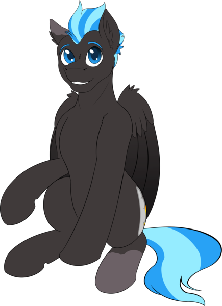 Size: 2327x3212 | Tagged: safe, artist:wcnimbus, derpibooru import, oc, oc:nimbus, pegasus, derpibooru community collaboration, 2022 community collab, blue eyes, blue hair, colored wings, gradient wings, gray coat, image, looking at you, male, png, simple background, sitting, solo, splotches, transparent background, wings