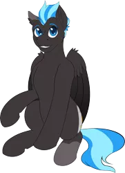 Size: 2327x3212 | Tagged: safe, artist:wcnimbus, derpibooru import, oc, oc:nimbus, pegasus, derpibooru community collaboration, 2022 community collab, blue eyes, blue hair, colored wings, gradient wings, gray coat, image, looking at you, male, png, simple background, sitting, solo, splotches, transparent background, wings