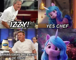 Size: 4096x3224 | Tagged: safe, derpibooru import, izzy moonbow, unicorn, my little pony: a new generation, bing bong, food, g5, gordon ramsay, hell's kitchen, image, mayonnaise, meme, png, sauce, this will end in bing bong