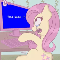 Size: 1440x1440 | Tagged: suggestive, artist:lynnpone, derpibooru import, fluttershy, crying, image, keyboard, meme, monitor, photoshop, png, send nudes, shocked fluttershy meme, text, we don't normally wear clothes