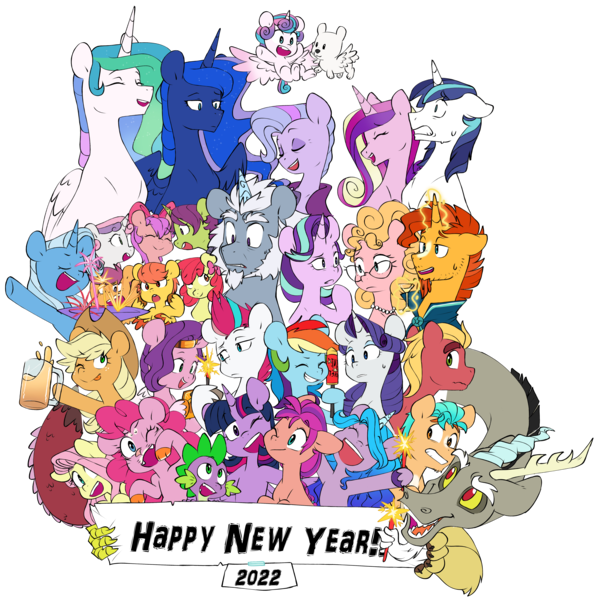 Size: 5030x5059 | Tagged: safe, artist:chub-wub, derpibooru import, alphabittle (g5), apple bloom, applejack, discord, fluttershy, hitch trailblazer, izzy moonbow, phyllis cloverleaf, pinkie pie, pipp petals, princess cadance, princess celestia, princess flurry heart, princess luna, queen haven, rainbow dash, rarity, scootaloo, shining armor, spike, sprout cloverleaf, starlight glimmer, sunburst, sunny starscout, sweetie belle, trixie, twilight sparkle, twilight sparkle (alicorn), unnamed character, unnamed pony, zipp storm, alicorn, dragon, earth pony, pegasus, pony, unicorn, g5, 2022, argyle starshine, cute, cutie mark crusaders, female, filly, foal, happy new year, happy new year 2022, holiday, image, male, mane five (g5), mane seven, mane six, mare, one eye closed, png, royal sisters, siblings, simple background, sisters, stallion, transparent background, wink