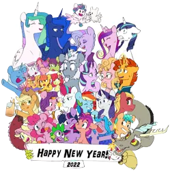 Size: 5030x5059 | Tagged: safe, artist:chub-wub, derpibooru import, apple bloom, applejack, discord, fluttershy, hitch trailblazer, izzy moonbow, phyllis cloverleaf, pinkie pie, pipp petals, princess cadance, princess celestia, princess flurry heart, princess luna, queen haven, rainbow dash, rarity, scootaloo, shining armor, spike, sprout cloverleaf, starlight glimmer, sunburst, sunny starscout, sweetie belle, trixie, twilight sparkle, twilight sparkle (alicorn), unnamed character, unnamed pony, zipp storm, alicorn, dragon, earth pony, pegasus, pony, unicorn, 2022, alphabittle blossomforth, argyle starshine, cute, cutie mark crusaders, female, filly, foal, g5, happy new year, happy new year 2022, holiday, image, male, mane five (g5), mane seven, mane six, mare, one eye closed, png, royal sisters, siblings, simple background, sisters, stallion, transparent background, wink