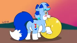 Size: 3840x2160 | Tagged: safe, artist:rupertbluefox, derpibooru import, oc, oc:rupert the blue fox, fox, fox pony, hybrid, original species, pony, balloon, balloon fetish, blowing up balloons, blushing, butt, chubby, derpibooru exclusive, fat, fetish, image, male, plot, png, solo, squishy, stallion, that pony sure does love balloons, yellow balloon