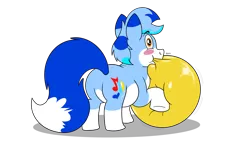 Size: 3840x2160 | Tagged: safe, artist:rupertbluefox, derpibooru import, oc, oc:rupert the blue fox, fox, fox pony, hybrid, original species, pony, derpibooru community collaboration, 2022 community collab, balloon, balloon fetish, blowing up balloons, blushing, butt, chubby, derpibooru exclusive, fat, fetish, image, male, plot, png, simple background, solo, squishy, stallion, that pony sure does love balloons, transparent background, yellow balloon