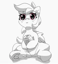 Size: 2870x3197 | Tagged: safe, artist:pabbley, derpibooru import, rainbow dash, pegasus, pony, big eyes, black and white, drink, female, floppy ears, frog (hoof), grayscale, hoof hold, image, jpeg, mare, monochrome, neo noir, partial color, simple background, sitting, smiling, soda, soda can, solo, underhoof, white background