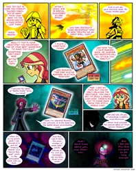 Size: 814x1030 | Tagged: safe, artist:crydius, derpibooru import, sunset shimmer, oc, oc:eldritch, comic:calamitous card game, equestria girls, comic, crossover, fire, image, png, sharp teeth, teeth, yu-gi-oh!, yugioh card